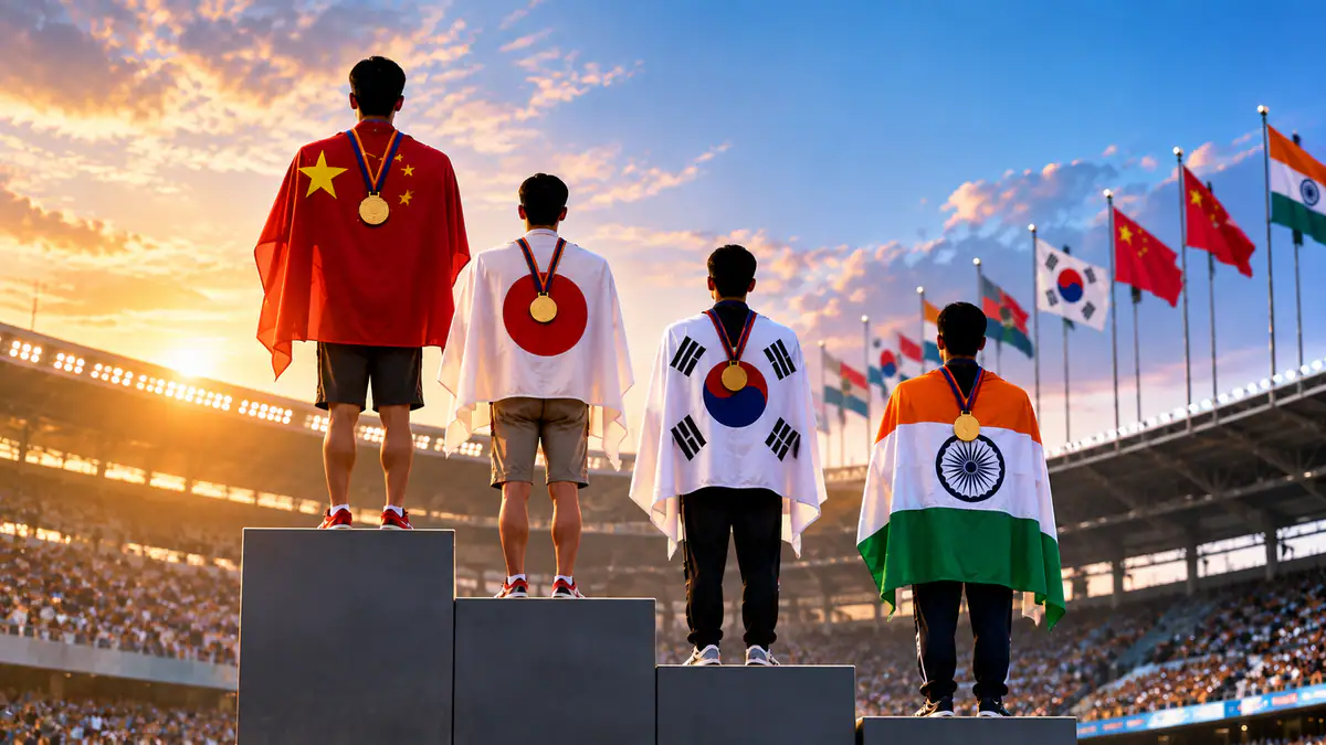 Athletes representing China, Japan, South Korea and India stand on the podium with gold medals at a stadium ceremony.