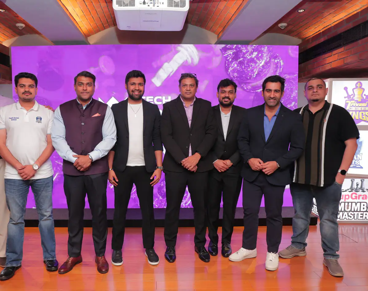L to R Anand Oza, PBG Alaskan Knights; Akash Premsen, Triveni Continental Kings; Rohan Gupta, Alpine APL Pipers; Gourav Rakshit, League Commissioner -GCL; Prachura PP, Fyers American Gambits; Suhail Chandhok, UpGrad Mumba
