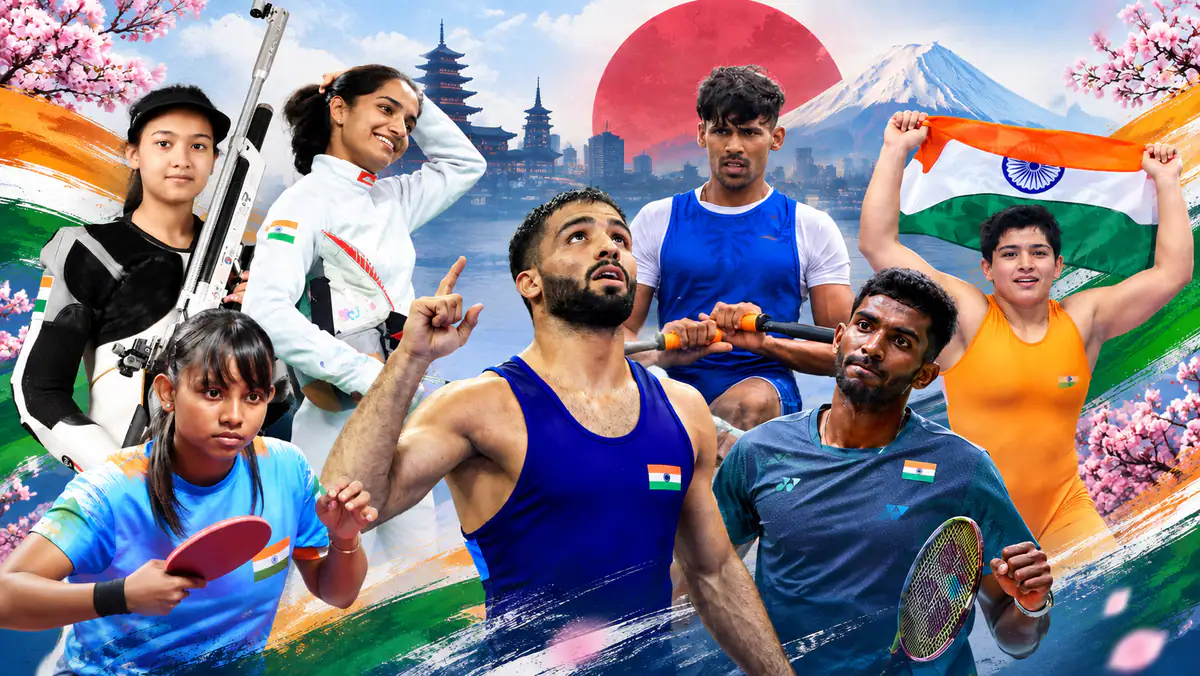 Collage of Indian athletes from shooting, fencing, table tennis, wrestling, rowing and badminton, representing India ahead of the 2026 Asian Games in Aichi-Nagoya.