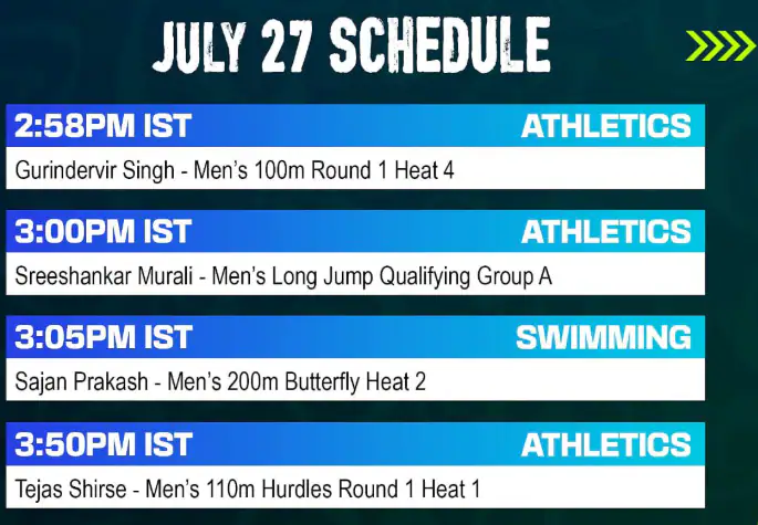 July 27 CWG India Schedule